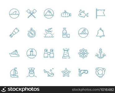 Marine icon. Nautical symbols sailing knot rope sea fish sailing boat ship vector thin pictures. Marine boat and fish, yacht and submarine icons illustration. Marine icon. Nautical symbols sailing knot rope sea fish sailing boat ship vector thin pictures