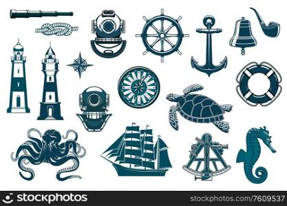 Marine icons, nautical seafaring and sailing vector vintage symbols. Ship anchor and helm, captain smoking pipe and sailor rope knot, octopus, seahorse and turtle, lighthouse and compass sextant. Nautical seafaring, sailing ship equipment icons