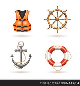Marine Icons Set . Marine realistic icons set with anchor life buoy life jacket and helm isolated vector illustration