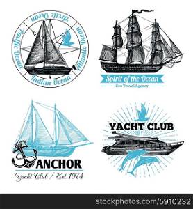 Marine labels set with hand drawn sail ships and cruise yacht isolated vector illustration. Marine Labels Set