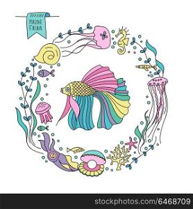 Marine life, fish, algae, jellyfish, squid, seahorse. Vector illustration arranged in a circle.
