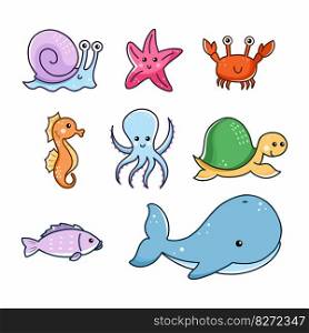 Marine life. Fish and shellfish. Vector doodle illustration for kids. Set.