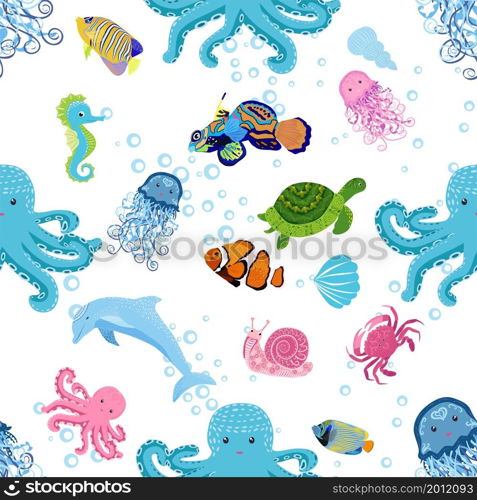 Marine life, fish, animals bright seamless pattern. sea travel, underwater diving animal tropical fish. Jellyfish, whale, shark, seahorse, clown fish, dolphin, turtle emperor fish octopus stingray. Marine life, fish, animals bright seamless pattern. sea travel, underwater diving animal tropical fish. Jellyfish, whale, shark, seahorse, clown fish, dolphin, turtle, emperor