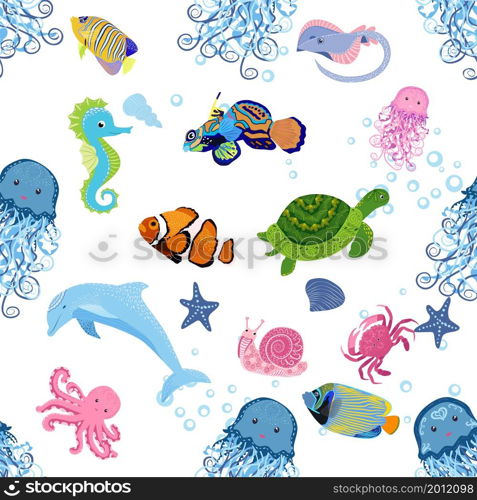 Marine life, fish, animals bright seamless pattern. sea travel, underwater diving animal tropical fish. Jellyfish, whale, shark, seahorse, clown fish, dolphin, turtle emperor fish octopus stingray. Marine life, fish, animals bright seamless pattern. sea travel, underwater diving animal tropical fish. Jellyfish, whale, shark, seahorse, clown fish, dolphin, turtle, emperor