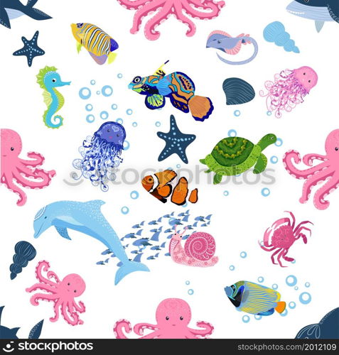 Marine life, fish, animals bright seamless pattern. sea travel, underwater diving animal tropical fish. Jellyfish, whale, shark, seahorse, clown fish, dolphin, turtle emperor fish octopus stingray. Marine life, fish, animals bright seamless pattern. sea travel, underwater diving animal tropical fish. Jellyfish, whale, shark, seahorse, clown fish, dolphin, turtle, emperor