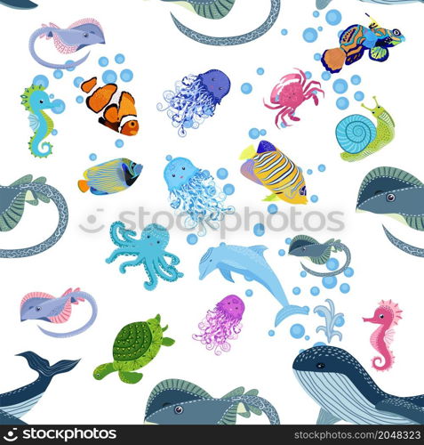 Marine life, fish, animals bright seamless pattern. sea travel, underwater diving animal tropical fish. Jellyfish, whale, shark, seahorse, clown fish, dolphin, turtle emperor fish octopus stingray. Marine life, fish, animals bright seamless pattern. sea travel, underwater diving animal tropical fish. Jellyfish, whale, shark, seahorse, clown fish, dolphin, turtle, emperor