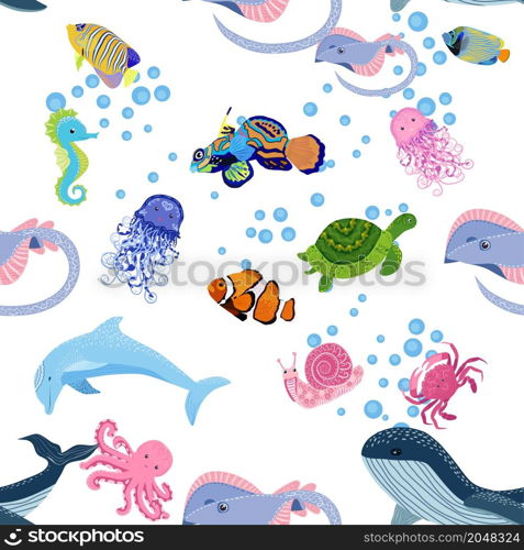 Marine life, fish, animals bright seamless pattern. sea travel, underwater diving animal tropical fish. Jellyfish, whale, shark, seahorse, clown fish, dolphin, turtle emperor fish octopus stingray. Marine life, fish, animals bright seamless pattern. sea travel, underwater diving animal tropical fish. Jellyfish, whale, shark, seahorse, clown fish, dolphin, turtle, emperor