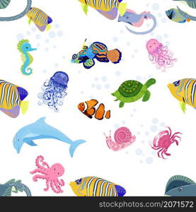 Marine life, fish, animals bright seamless pattern. sea travel, underwater diving animal tropical fish. Jellyfish, whale, shark, seahorse, clown fish, dolphin, turtle emperor fish octopus stingray. Marine life, fish, animals bright seamless pattern. sea travel, underwater diving animal tropical fish. Jellyfish, whale, shark, seahorse, clown fish, dolphin, turtle, emperor