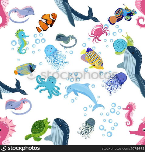 Marine life, fish, animals bright seamless pattern. sea travel, underwater diving animal tropical fish. Jellyfish, whale, shark, seahorse, clown fish, dolphin, turtle emperor fish octopus stingray. Marine life, fish, animals bright seamless pattern. sea travel, underwater diving animal tropical fish. Jellyfish, whale, shark, seahorse, clown fish, dolphin, turtle, emperor