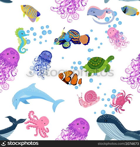 Marine life, fish, animals bright seamless pattern. sea travel, underwater diving animal tropical fish. Jellyfish, whale, shark, seahorse, clown fish, dolphin, turtle emperor fish octopus stingray. Marine life, fish, animals bright seamless pattern. sea travel, underwater diving animal tropical fish. Jellyfish, whale, shark, seahorse, clown fish, dolphin, turtle, emperor