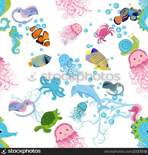 Marine life, fish, animals bright seamless pattern. sea travel, underwater diving animal tropical fish. Jellyfish, whale, shark, seahorse, clown fish, dolphin, turtle emperor fish octopus stingray. Marine life, fish, animals bright seamless pattern. sea travel, underwater diving animal tropical fish. Jellyfish, whale, shark, seahorse, clown fish, dolphin, turtle, emperor