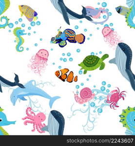 Marine life, fish, animals bright seamless pattern. sea travel, underwater diving animal tropical fish. Jellyfish, whale, shark, seahorse, clown fish, dolphin, turtle emperor fish octopus stingray. Marine life, fish, animals bright seamless pattern. sea travel, underwater diving animal tropical fish. Jellyfish, whale, shark, seahorse, clown fish, dolphin, turtle, emperor