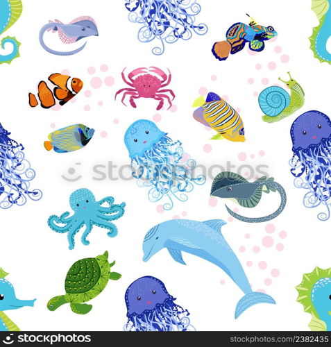 Marine life, fish, animals bright seamless pattern. sea travel, underwater diving animal tropical fish. Jellyfish, whale, shark, seahorse, clown fish, dolphin, turtle emperor fish octopus stingray. Marine life, fish, animals bright seamless pattern. sea travel, underwater diving animal tropical fish. Jellyfish, whale, shark, seahorse, clown fish, dolphin, turtle, emperor