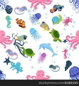 Marine life, fish, animals bright seamless pattern. sea travel, underwater diving animal tropical fish. Jellyfish, whale, shark, seahorse, clown fish, dolphin, turtle emperor fish octopus stingray. Marine life, fish, animals bright seamless pattern. sea travel, underwater diving animal tropical fish. Jellyfish, whale, shark, seahorse, clown fish, dolphin, turtle, emperor