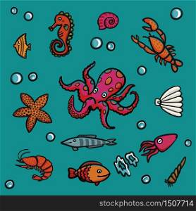 Marine life in cartoon style on a blue background. Lobster, shrimps, snails, sea cabbage etc. Hand-drawn illustration set.. Marine life in cartoon style on a blue background. Lobster, shrimps, snails, sea cabbage etc.