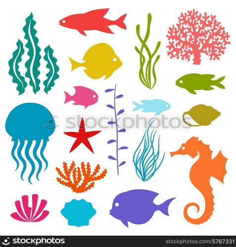 Marine life set of icons, objects and sea animals.