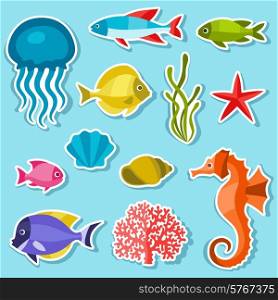 Marine life set of sticker, objects and sea animals.
