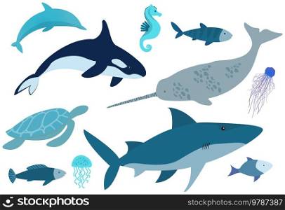 Marine life set. Wild nature of world ocean, fish, animals and molluscs. Underwater animal life. Ocean banner with jellyfish, fish, shark, turtle, seahorse and swordfish. Isolated nautical characters. Marine life set. Wild nature of world ocean, fish, animals and molluscs. Underwater animal life
