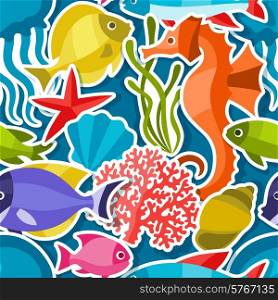 Marine life sticker seamless pattern with sea animals.