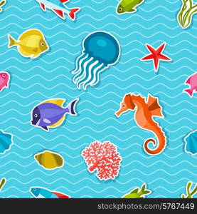 Marine life sticker seamless pattern with sea animals.