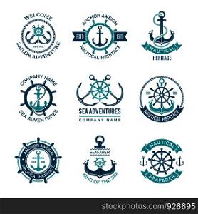 Marine logo. Nautical vector emblem with ship anchors and steering wheels. Cruise boat sailor monochrome symbols for badges. Illustration of nautical ship emblem, anchor marine logo. Marine logo. Nautical vector emblem with ship anchors and steering wheels. Cruise boat sailor monochrome symbols for badges
