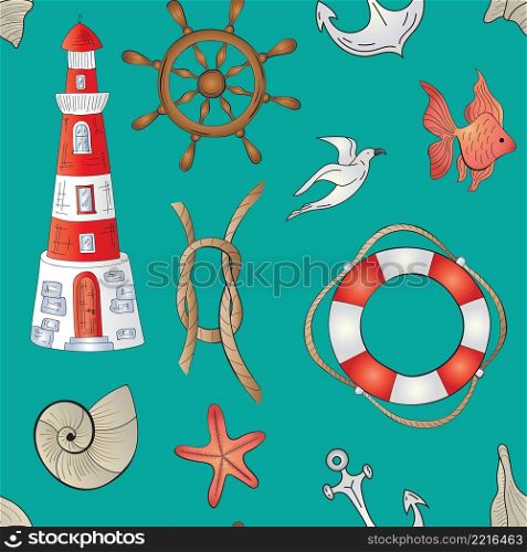 Marine nautical doodle elements seamless pattern. Cartoon style vector illustration.