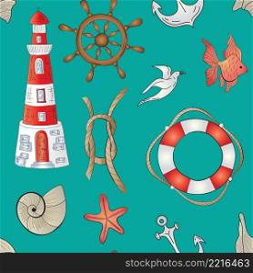 Marine nautical doodle elements seamless pattern. Cartoon style vector illustration.