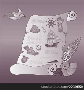 Marine nautical doodle manuscript map with sailing ship, islands, steering wheel, anchor and seagull composition. Cartoon style vector illustration.