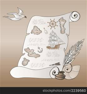 Marine nautical doodle manuscript map with sailing ship, islands, steering wheel, anchor and seagull composition. Cartoon style vector illustration.