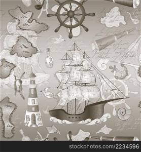 Marine nautical doodle seamless pattern. Cartoon grunge style vector illustration.