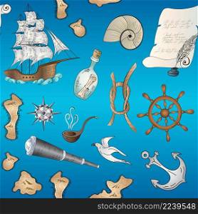 Marine nautical doodle seamless pattern. Cartoon style vector illustration.