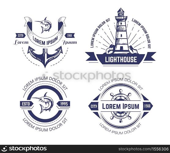 Marine or nautical symbols isolated icons vector anchor and stirring wheel lighthouse marlin and beacon monochrome emblem or logo underwater, animals searchlight and ship parts fish and construction. Nautical or marine symbols and fish isolated monochrome icons