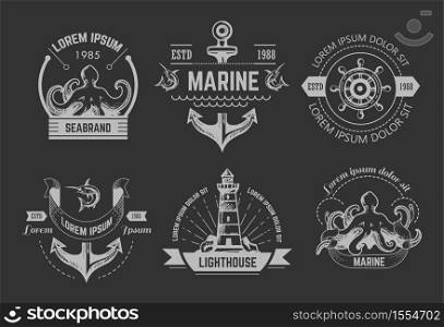 Marine or nautical symbols isolated icons vector octopus and anchor stirring wheel lighthouse marlin and kraken chalk sketches emblem or logo underwater animals beacon or searchlight and ship parts.. Nautical or marine symbols isolated icons octopus and anchor