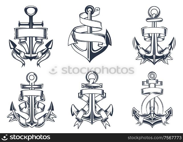 Marine or nautical themed ships anchor icons with blank ribbon banners entwined around the anchors, vector illustration