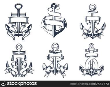 Marine or nautical themed ships anchor icons with blank ribbon banners entwined around the anchors, vector illustration