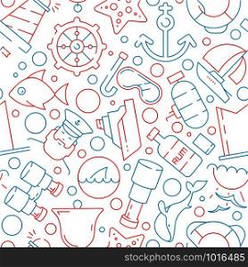 Marine pattern. Sea ocean nautical symbols yacht sailing boat captain fish vector seamless background. Illustration of transport sailboat, seamless pattern with telescope and marine compass. Marine pattern. Sea ocean nautical symbols yacht sailing boat captain fish vector seamless background