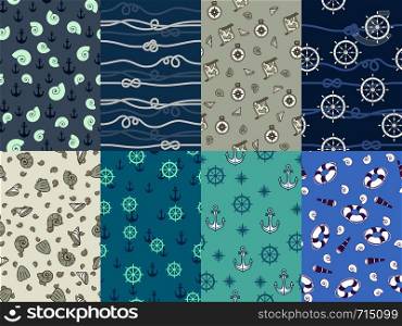 Marine patterns. Navy anchor, blue sea texture and ocean nautical compass seamless pattern. Nautical sailor kids wallpaper or textile. Sail water seashell and anchor vector background set. Marine patterns. Navy anchor, blue sea texture and ocean nautical compass seamless pattern vector set