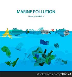 Marine pollution vector illustration with water and garbage. Pollution water, trash plastic in ocean. Marine pollution vector illustration with water and garbage