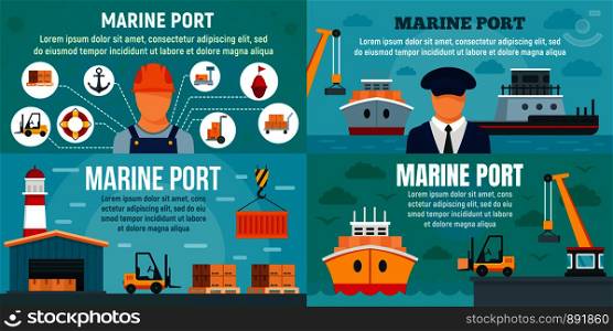 Marine port banner set. Flat illustration of marine port vector banner set for web design. Marine port banner set, flat style