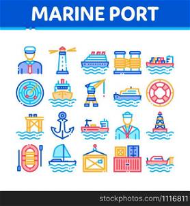 Marine Port Transport Collection Icons Set Vector Thin Line. Port Dock And Harbor, Lighthouse And Anchor, Captain And Sailor, Crane And Ship Concept Linear Pictograms. Color Contour Illustrations. Marine Port Transport Collection Icons Set Vector