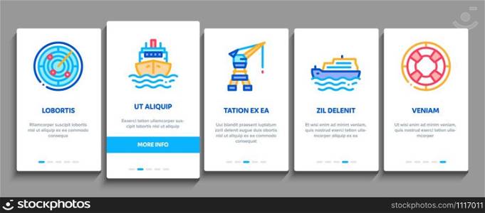 Marine Port Transport Onboarding Mobile App Page Screen. Port Dock And Harbor, Lighthouse And Anchor, Captain And Sailor, Crane And Ship Concept Illustrations. Marine Port Transport Onboarding Elements Icons Set Vector