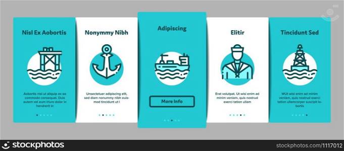 Marine Port Transport Onboarding Mobile App Page Screen. Port Dock And Harbor, Lighthouse And Anchor, Captain And Sailor, Crane And Ship Concept Illustrations. Marine Port Transport Onboarding Elements Icons Set Vector