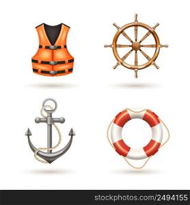 Marine realistic icons set with anchor life buoy life jacket and helm isolated vector illustration . Marine Icons Set