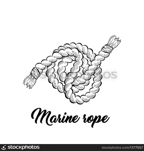 Marine rope black and white vector illustration. Sea vessel, boat, yacht equipment sketched outline. Strong twisted cord for nautical transport monochrome engraving. Coloring book illustration. Marine rope black ink sketch