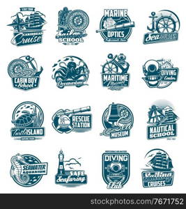 Marine sailing and nautical journey icons set. Sailboat steering wheel, vintage diving suit helmet and anchor, oceanarium sea animals, rescue station lifebuoy and compass, ropes engraved vector. Marine sailing and nautical adventure icons set