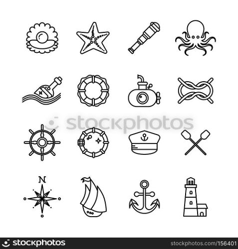 Marine, sea, nautical thin line vector icons. Nautical boat and nautical lighthouse illustration. Marine, sea, nautical thin line vector icons