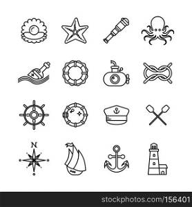 Marine, sea, nautical thin line vector icons. Nautical boat and nautical lighthouse illustration. Marine, sea, nautical thin line vector icons