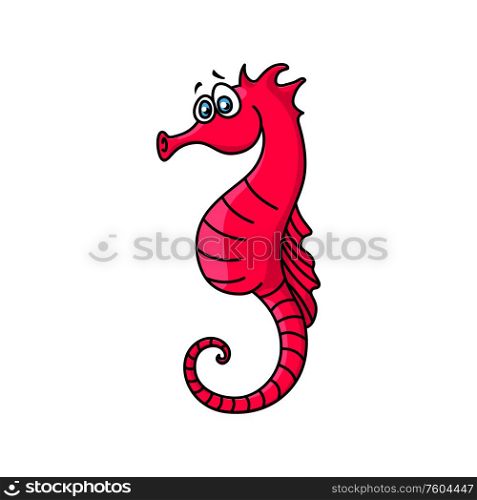 Marine seahorse isolated cartoon character. Vector childish red sea horse, profile view. Red seahorse isolated cartoon marine animal