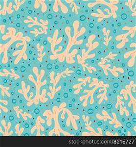 Marine seamless background with corals and bubbles on a blue background. Vector illustration. Marine seamless background with corals and bubbles on a blue background