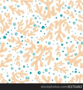 Marine seamless background with corals and bubbles on a white background. Vector illustration. Marine seamless background with corals and bubbles on a white background